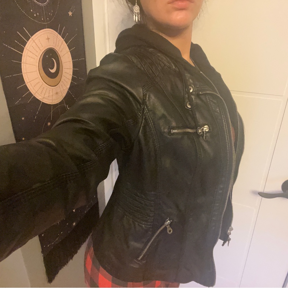 Made By Johnny size M faux leather black biker hooded jacket - Picture 3 of 13
